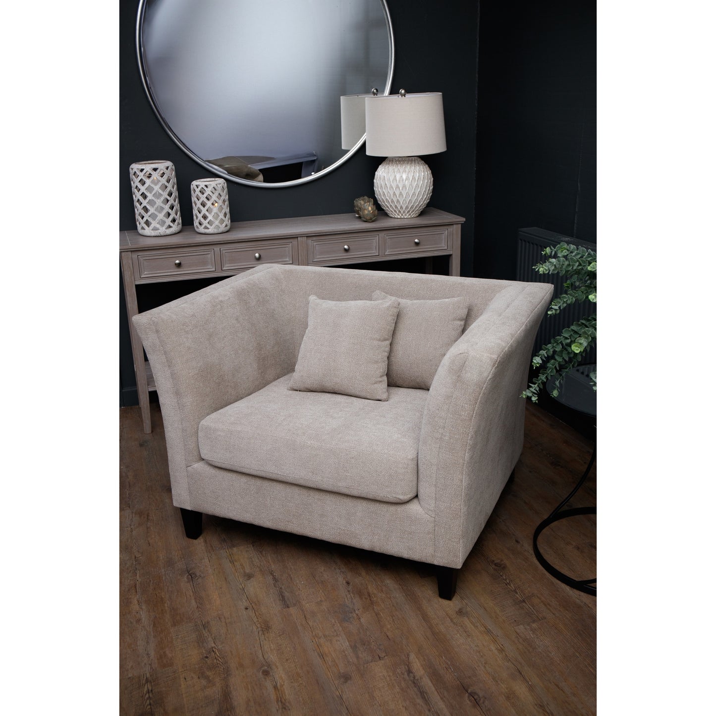 Vesper Taupe Cushion Back Snuggle Chair - Wood Velvet