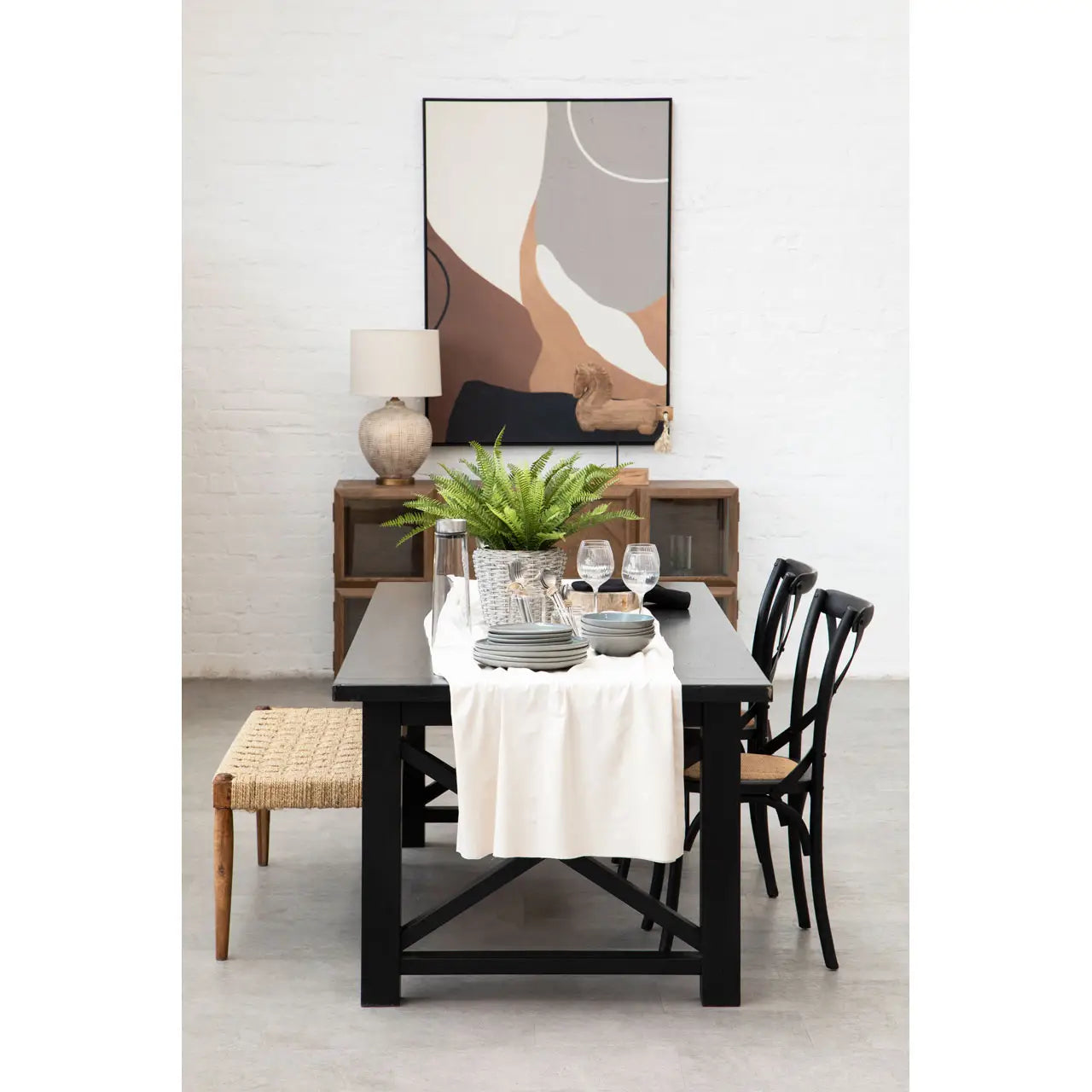Natural Oak Wood Dining Table Black Finish | Lattice Aesthetic - Wood Velvet