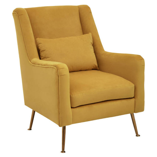 Mid-century Modern Chair In Plush Yellow Velvet & Angular Gold Finish Legs | Wood Velvet - Wood Velvet