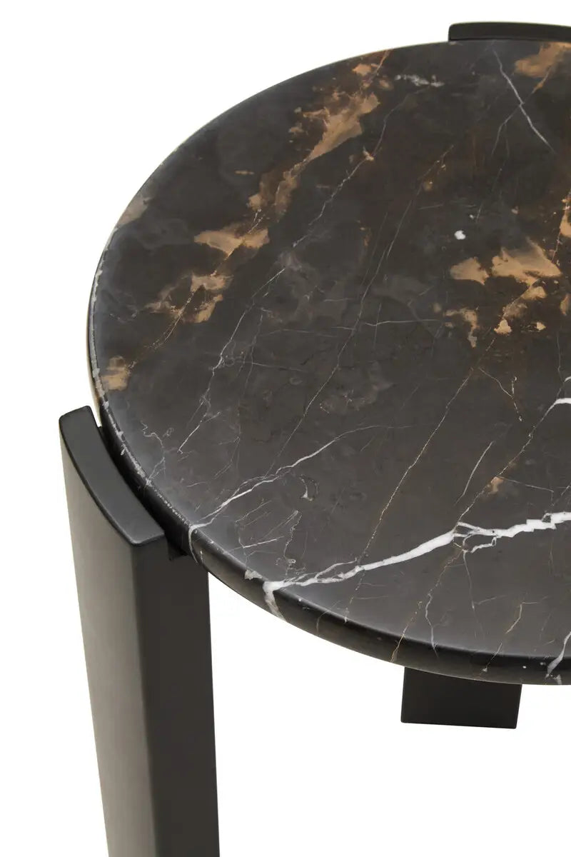 Round Marble Top Side Table In Black | Organic Veining | Acacia - Wood Velvet