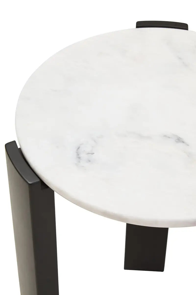 Round Marble Top Side Table In White | Organic Veining | Acacia - Wood Velvet