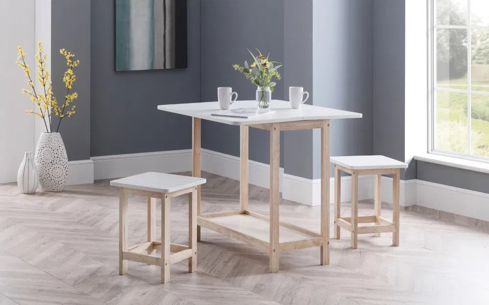 Space Saver Bar Table & Stool Set in White & Natural Wood | Bergen Range | Julian Bowen - Wood Velvet