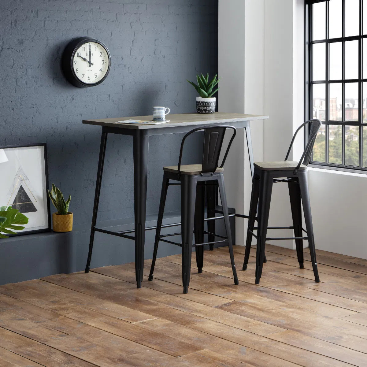 Solid Elm Wood & Satin Black Powder Coated Steel Set Of 2 Bar Stools | Grafton Range | Julian Bowen - Wood Velvet