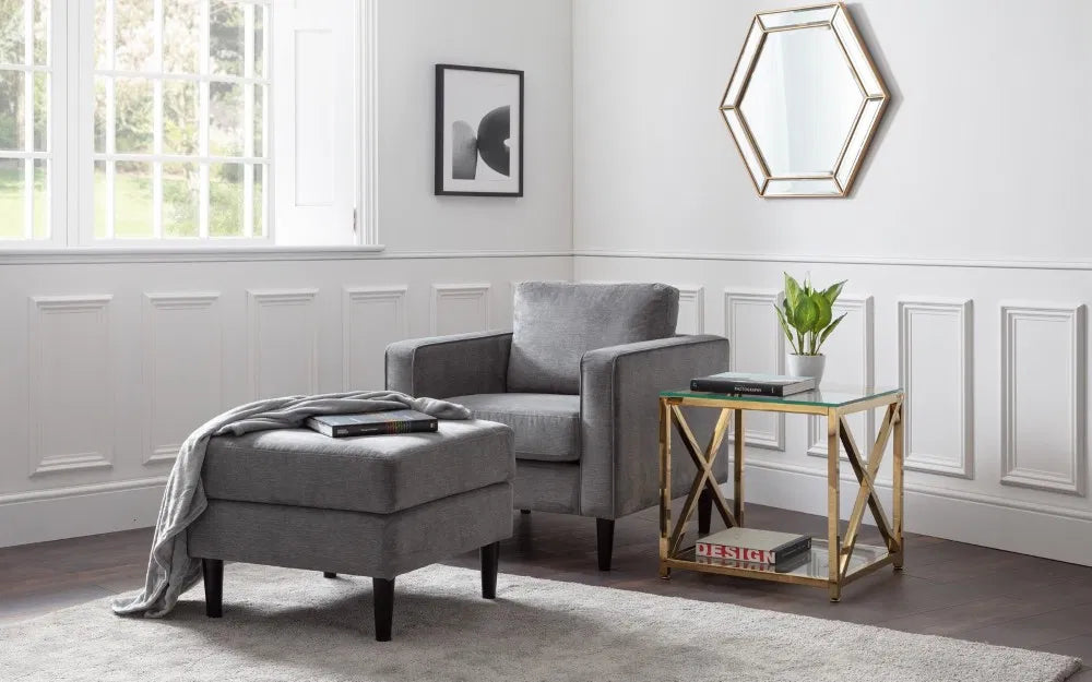 Julian Bowen Hayward Armchair & Matching Ottoman in Chenille - Wood Velvet