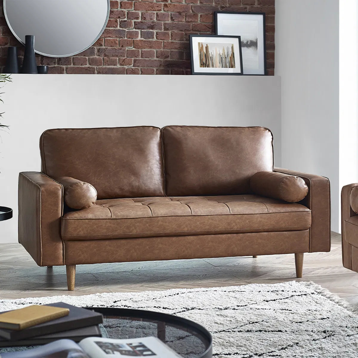 Julian Bowen 3 Seater Sofa With Bolsters In Brown Faux Leather | Henley Range | Wood Velvet