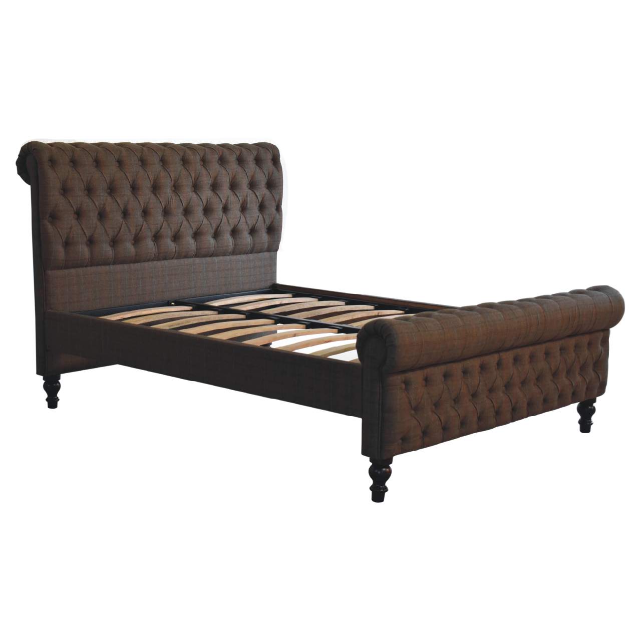 Multi Tweed Roll-top Sunk Button Bed Frame - Wood Velvet
