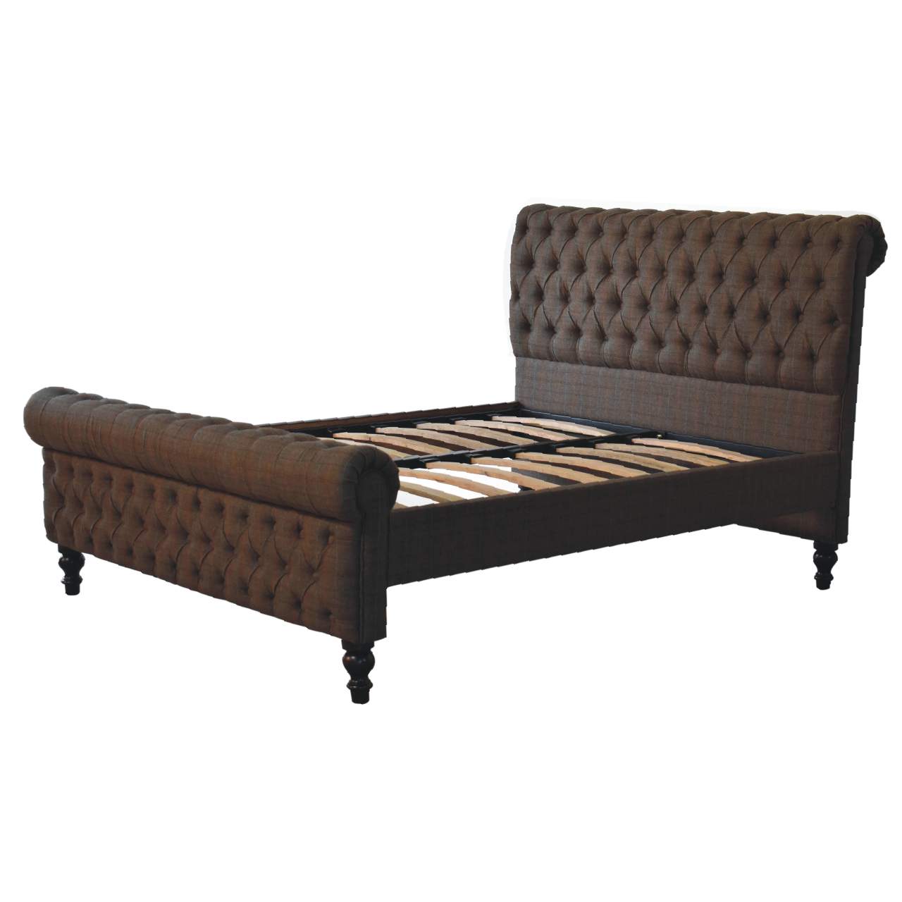 Multi Tweed Roll-top Sunk Button Bed Frame - Wood Velvet