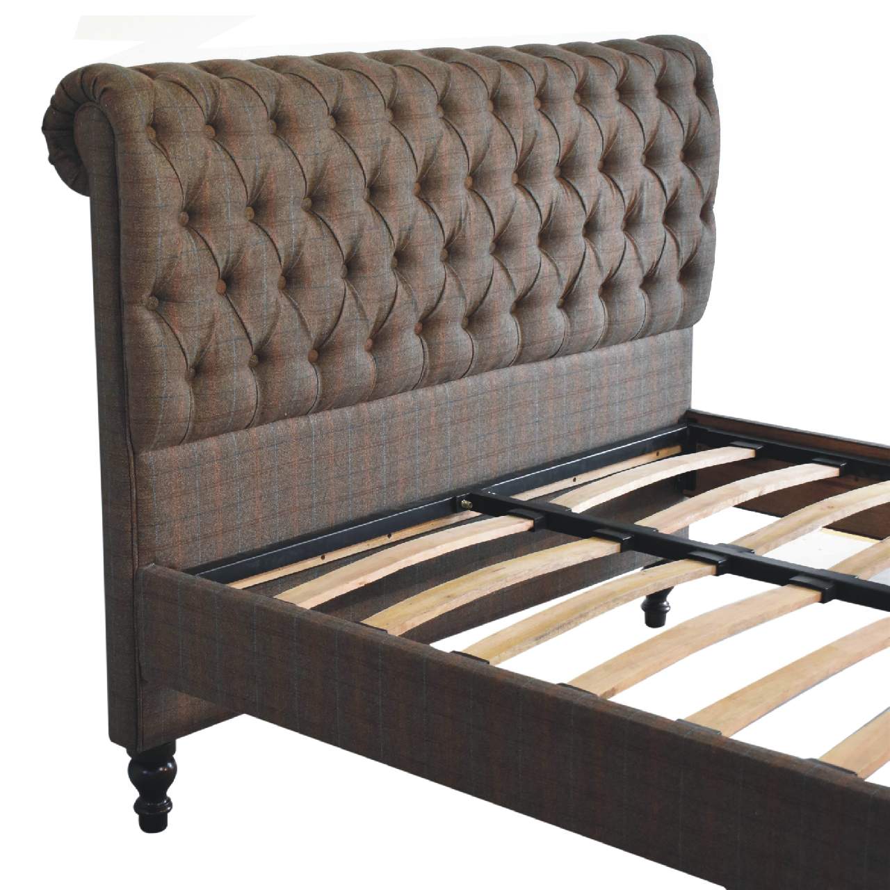 Multi Tweed Roll-top Sunk Button Bed Frame - Wood Velvet