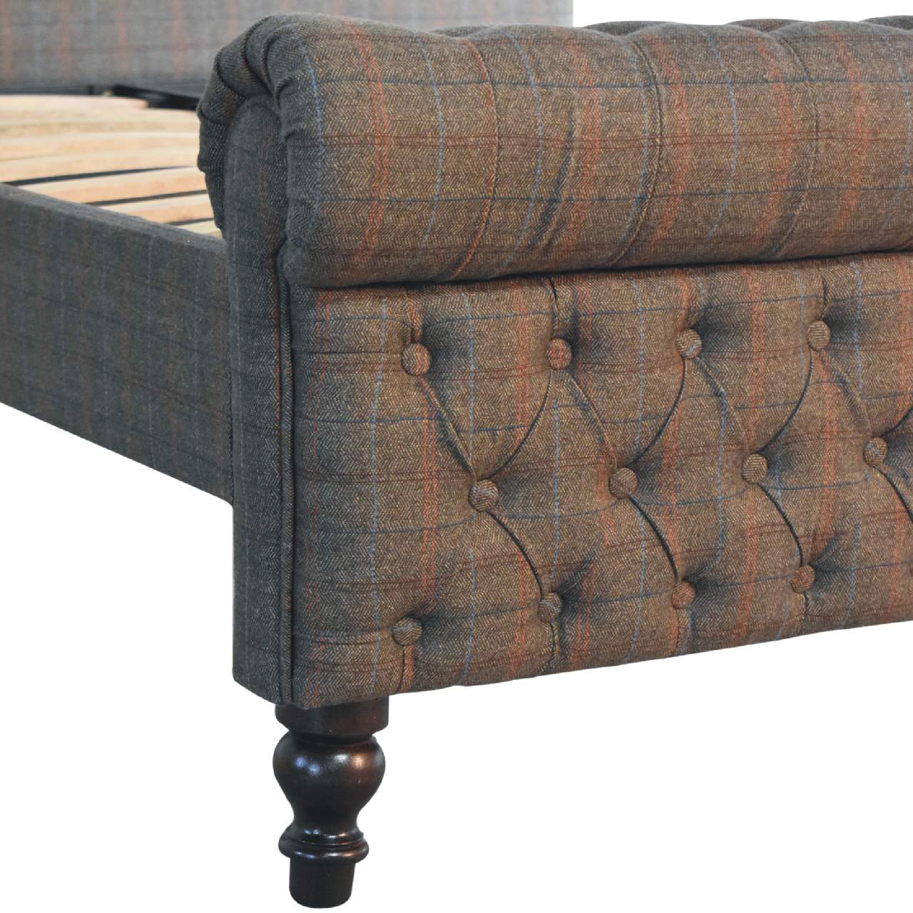 Multi Tweed Roll-top Sunk Button Bed Frame - Wood Velvet