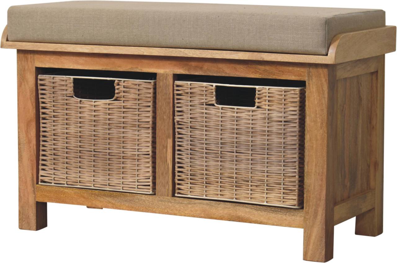 Rattan Basket Linen Bench Seat With Storage | Real Wood - Wood Velvet