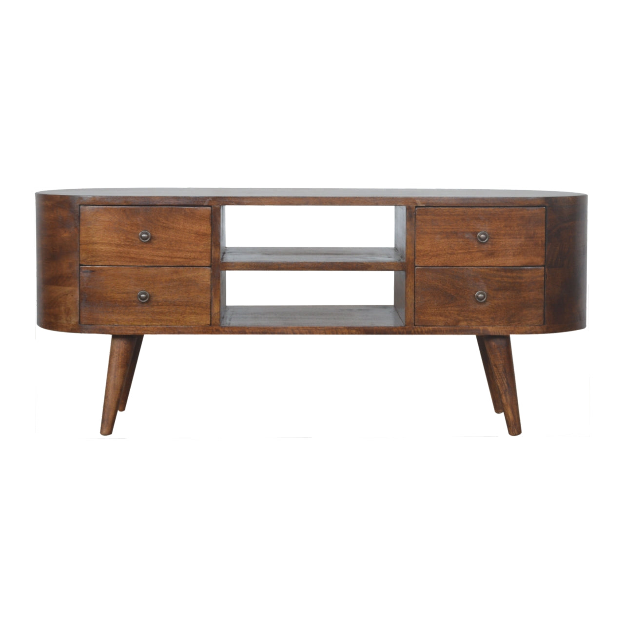 Curved Design Media Unit In Chestnut Brown Wood - Wood Velvet