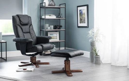 Soft Touch Black Faux Leather 360 Swivel Chair & Footrest | Malmo | Julian Bowen