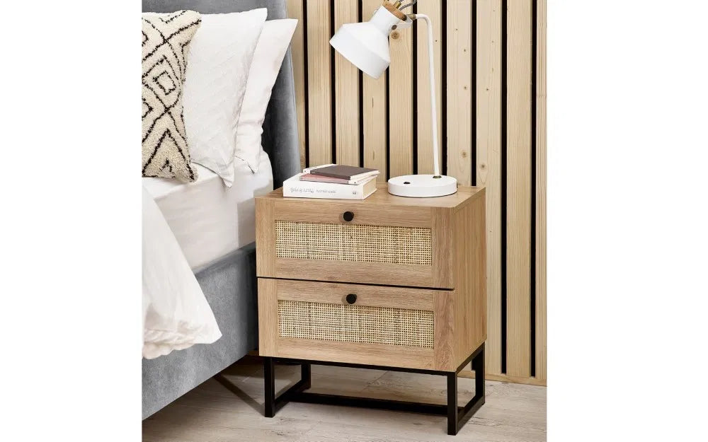 Julian Bowen Padstow 2 Drawer Rattan Bedside Cabinet - Wood Velvet