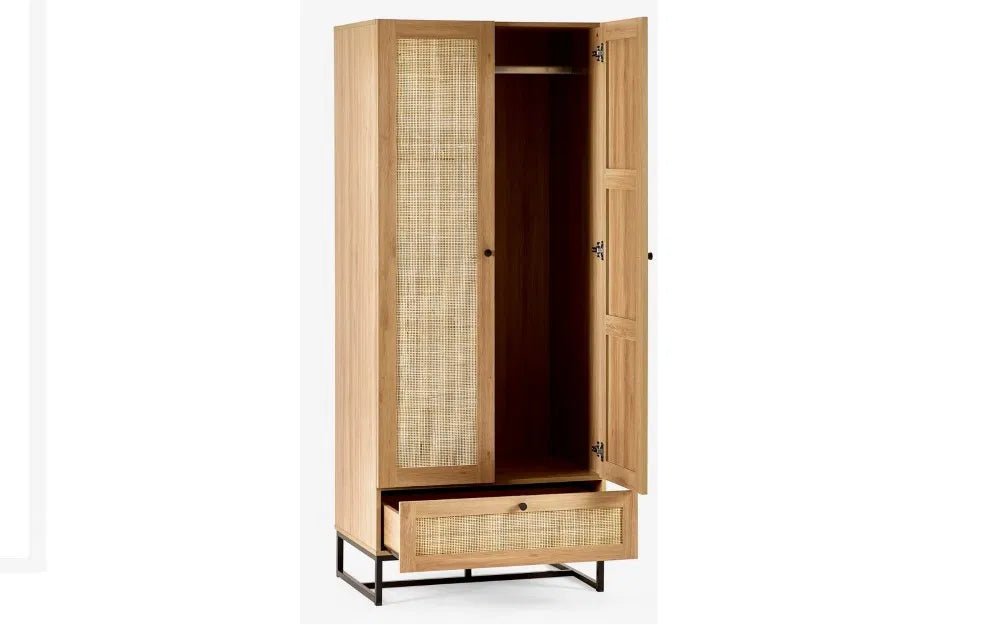 Julian Bowen Padstow Rattan Double Wardrobe In Black or Oak Colours - Wood Velvet