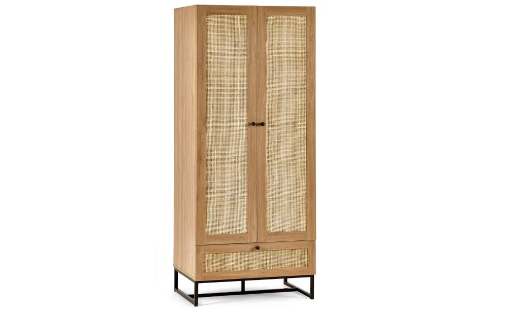 Julian Bowen Padstow Rattan Double Wardrobe In Black or Oak Colours - Wood Velvet