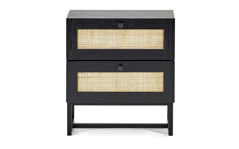 Julian Bowen Padstow 2 Drawer Rattan Bedside Cabinet In Black - Wood Velvet