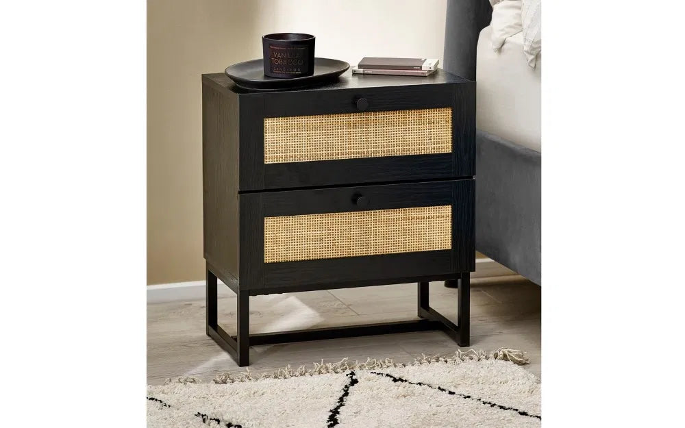 Julian Bowen Padstow 2 Drawer Rattan Bedside Cabinet In Black - Wood Velvet