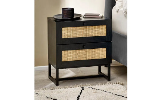 Julian Bowen Padstow 2 Drawer Rattan Bedside Cabinet In Black - Wood Velvet