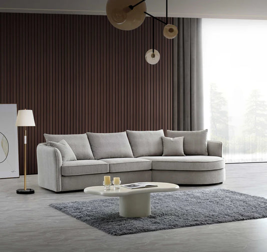 Chaise Corner Sofa In Pebble Boucle | On Trend Contemporary Curve | Rubin Range - Wood Velvet