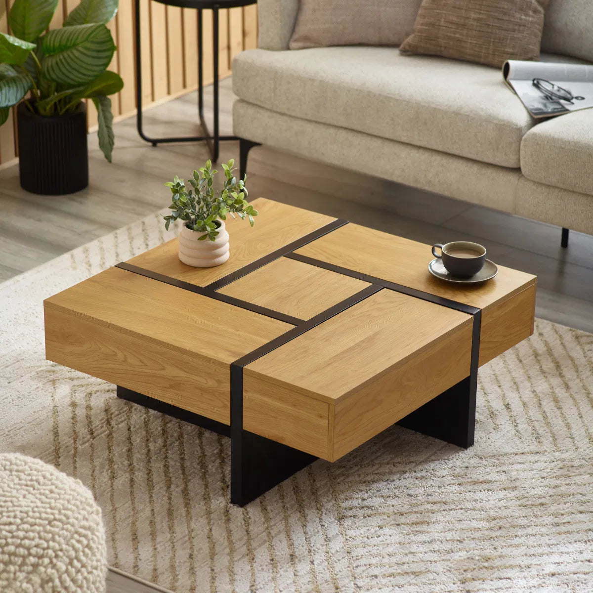 Geometric Oak-effect Square Storage Coffee Table | Tahoe Range | Julian Bowen - Wood Velvet