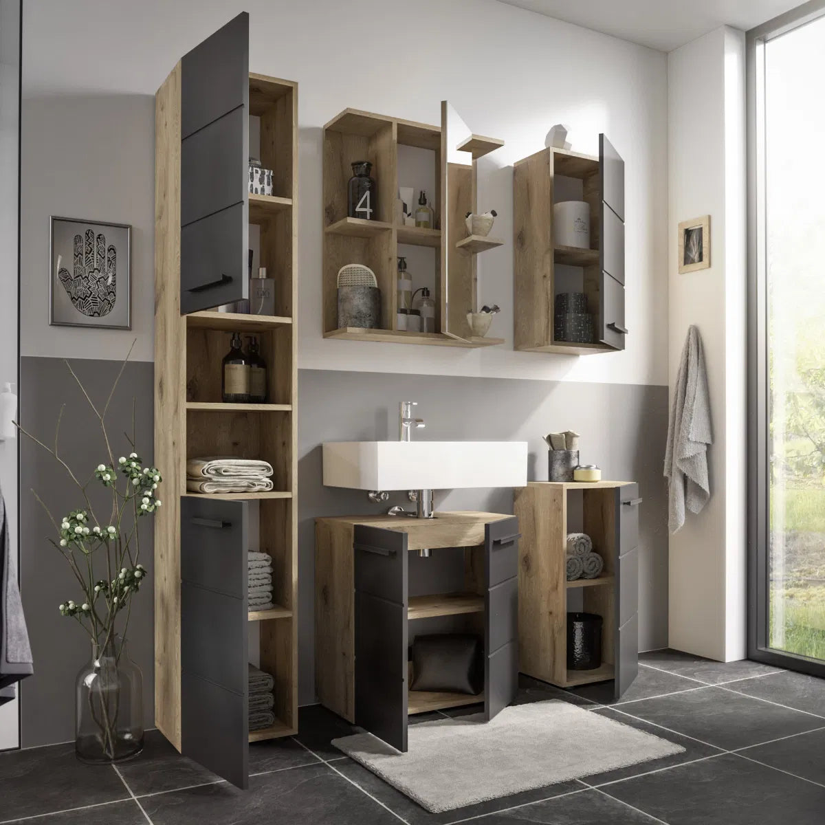 Tall Matte Black & Oak Bathroom Cabinet | Vista Range | Julian Bowen - Wood Velvet