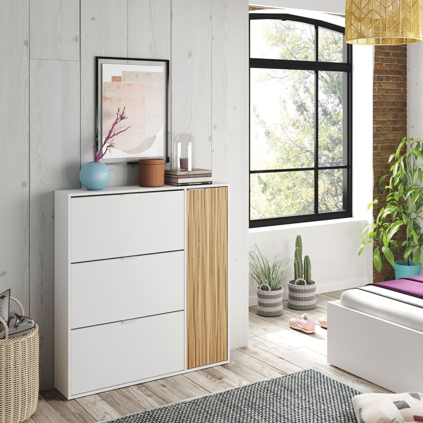 Dempsey Natural Oak Effect and White Large Shoe Cabinet - Wood Velvet
