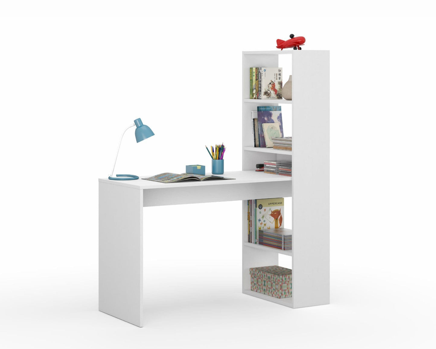 Double Computer Desk Table with Bookcase Matt White - Wood Velvet