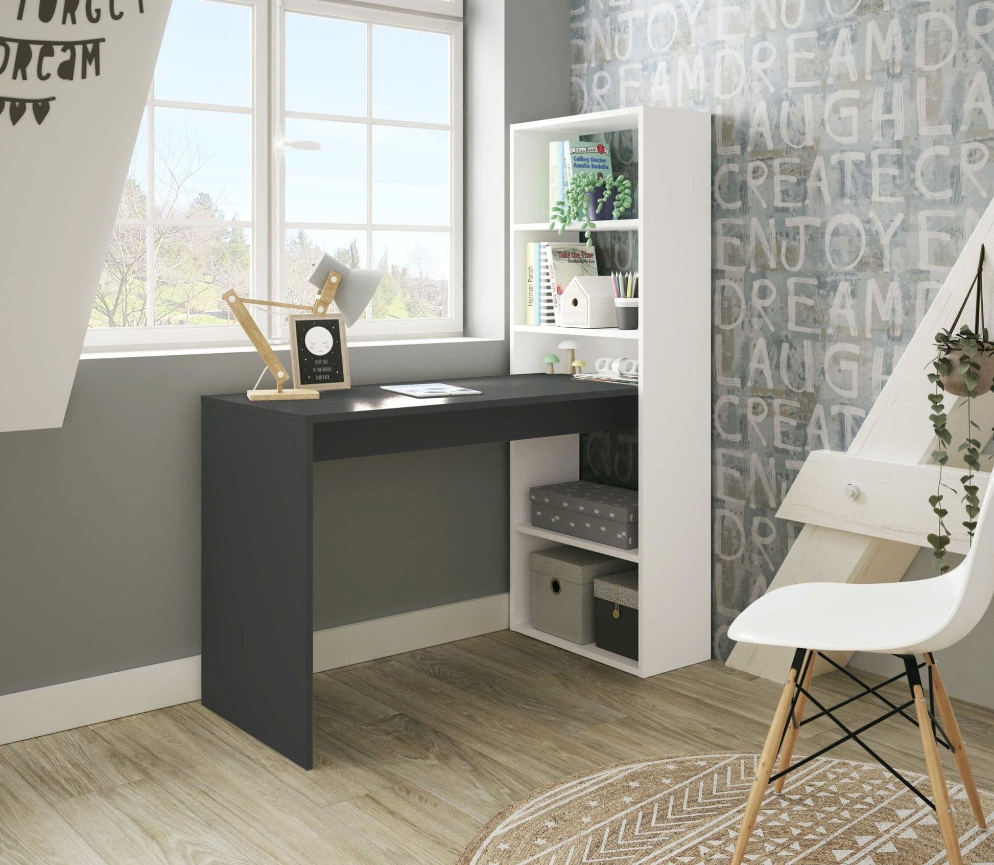 Double White and Grey Effect Computer Desk Table with Bookcase - Wood Velvet