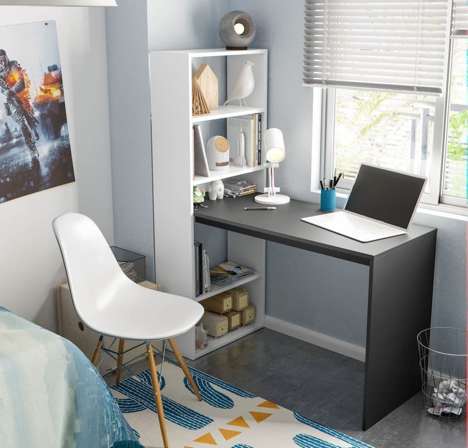 Double White and Grey Effect Computer Desk Table with Bookcase - Wood Velvet