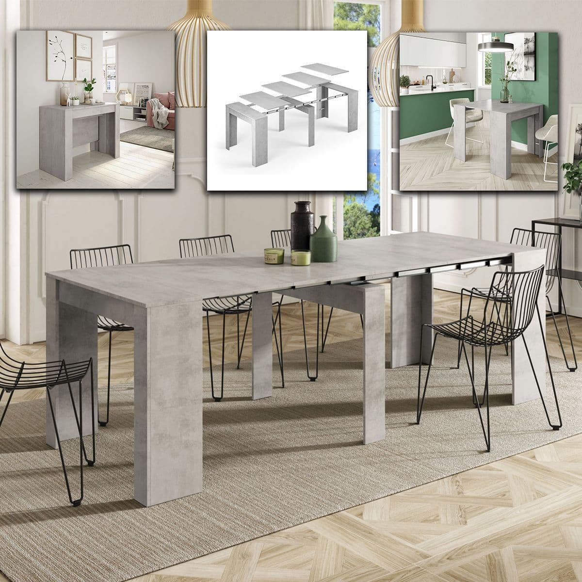 Luiz Concrete Grey Effect Large Extending Dining Table - Wood Velvet