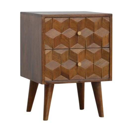 Chestnut Cube Carved Bedside Cabinet - Wood Velvet