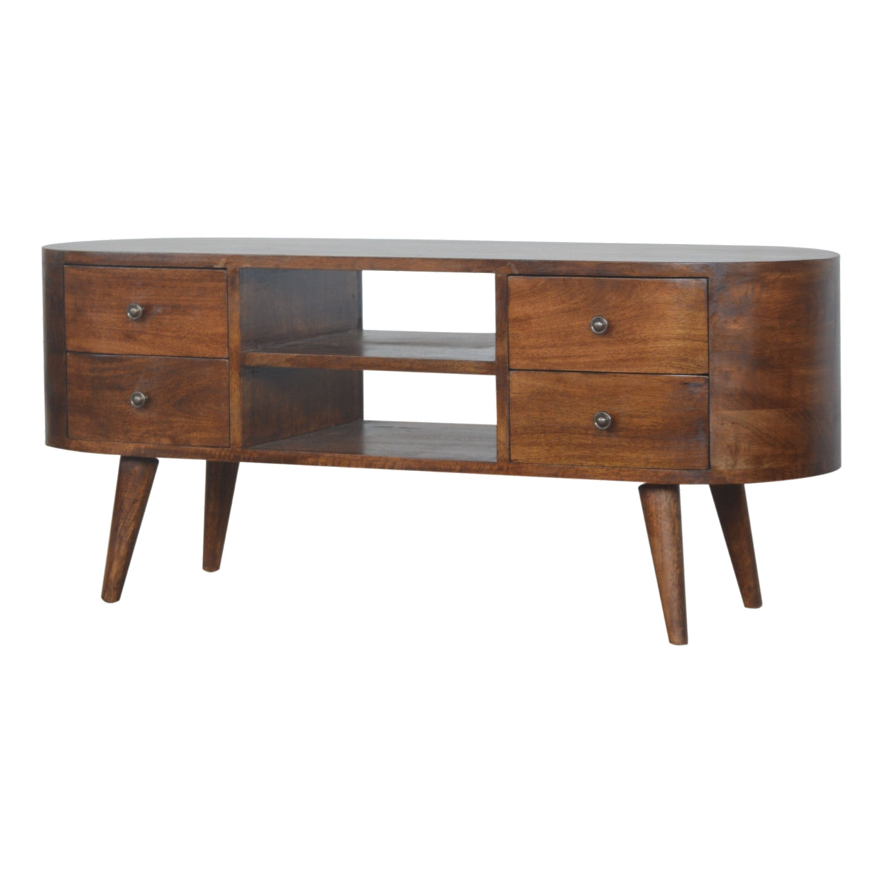 Curved Design Media Unit In Chestnut Brown Wood - Wood Velvet