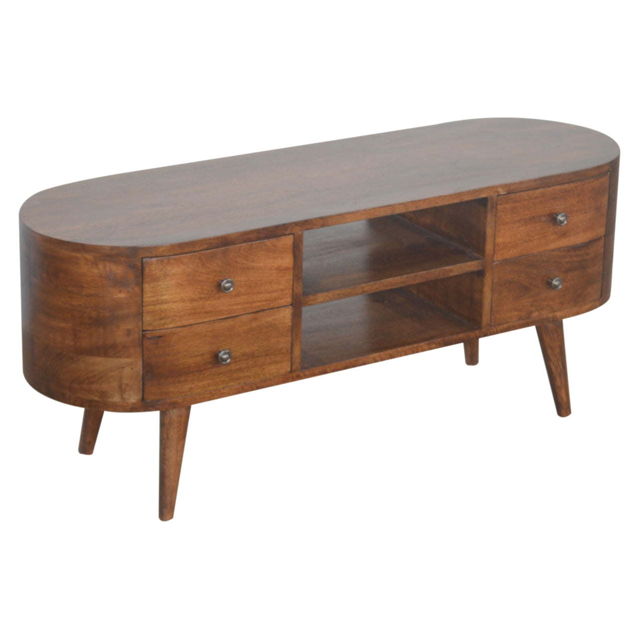 Curved Design Media Unit In Chestnut Brown Wood - Wood Velvet