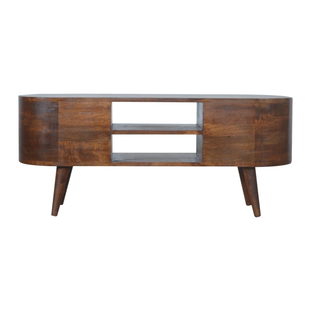 Curved Design Media Unit In Chestnut Brown Wood - Wood Velvet