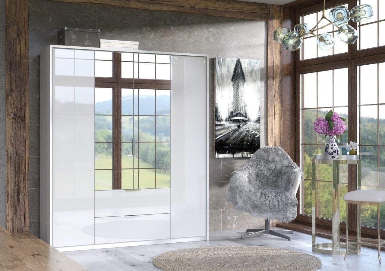 Rado 4 Door 2 Drawer White High Gloss Mirrored Wardrobe - Wood Velvet