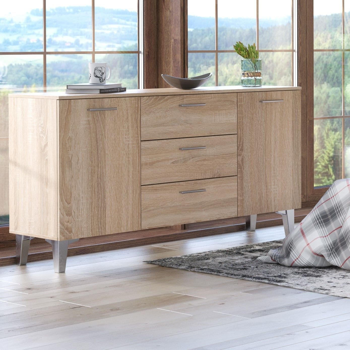 Santino Sonoma Oak Effect Large Wide 2 Door / 3 Drawer Sideboard - Wood Velvet