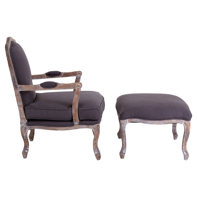 Antique-look Hardwood Frame Statement Chair And Footstool In Rococo Grey Linen Mix  | Wood Velvet - Wood Velvet