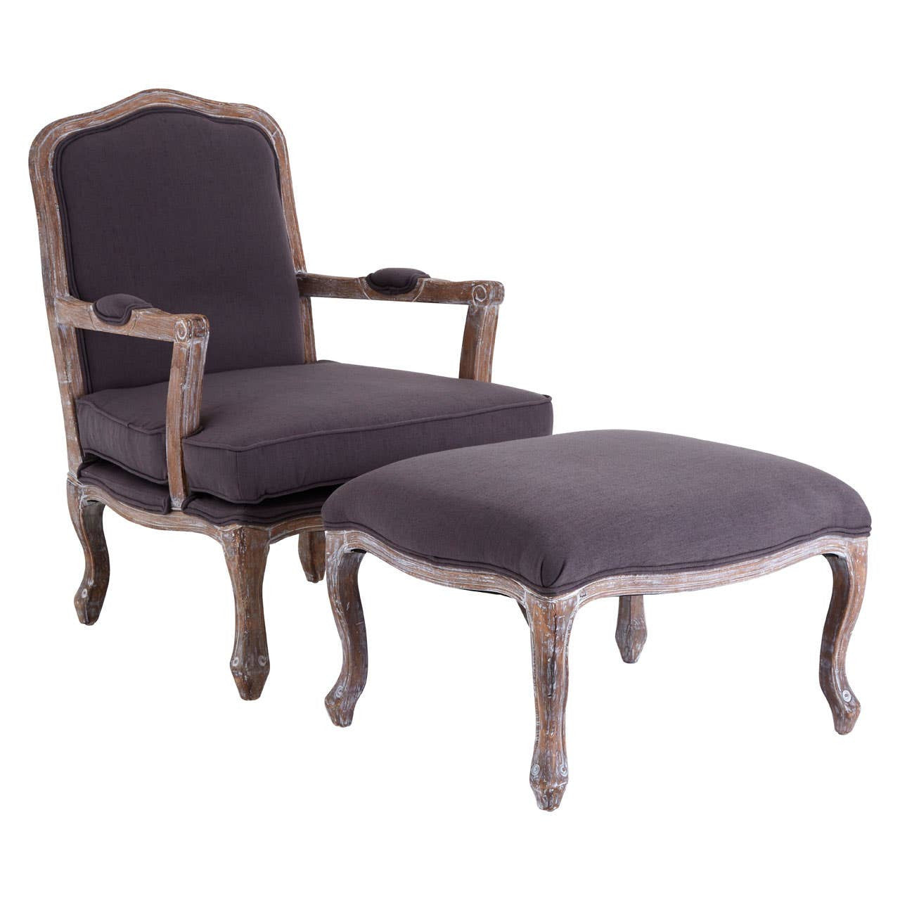 Antique-look Hardwood Frame Statement Chair And Footstool In Rococo Grey Linen Mix  | Wood Velvet - Wood Velvet