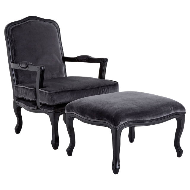 Antique-look Hardwood Frame Statement Chair And Footstool In Dark Grey Linen & Black Wood | Wood Velvet (Copy) - Wood Velvet