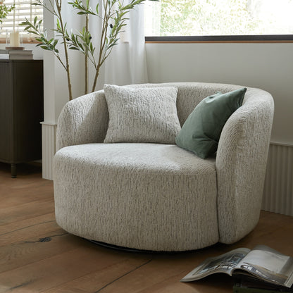 Alluring Curve Swivel Chair In Soft White Tactile Fabric | Sorelle | Hill Interiors