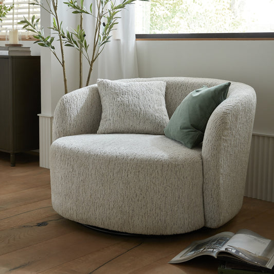 Alluring Curve Swivel Chair In Soft White Tactile Fabric | Sorelle | Hill Interiors