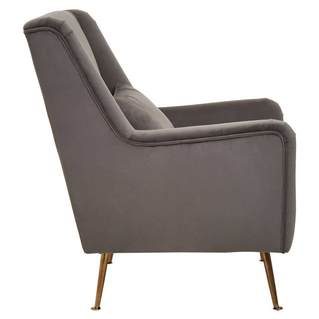 Mid-century Modern Chair In Plush Grey Velvet & Angular Gold Finish Legs | Wood Velvet - Wood Velvet