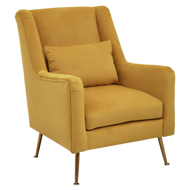 Mid-century Modern Chair In Plush Yellow Velvet & Angular Gold Finish Legs | Wood Velvet - Wood Velvet