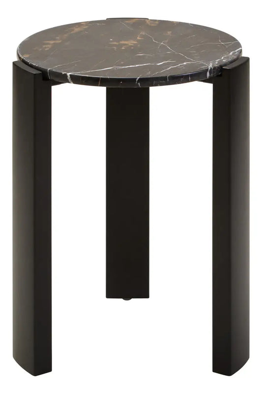 Round Marble Top Side Table In Black | Organic Veining | Acacia
