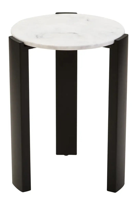 Round Marble Top Side Table In White | Organic Veining | Acacia