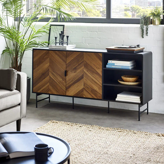 Julian Bowen Bold Chevron Wood 2 Door Sideboard With Curved Black Frame | Alvin Range | Wood Velvet