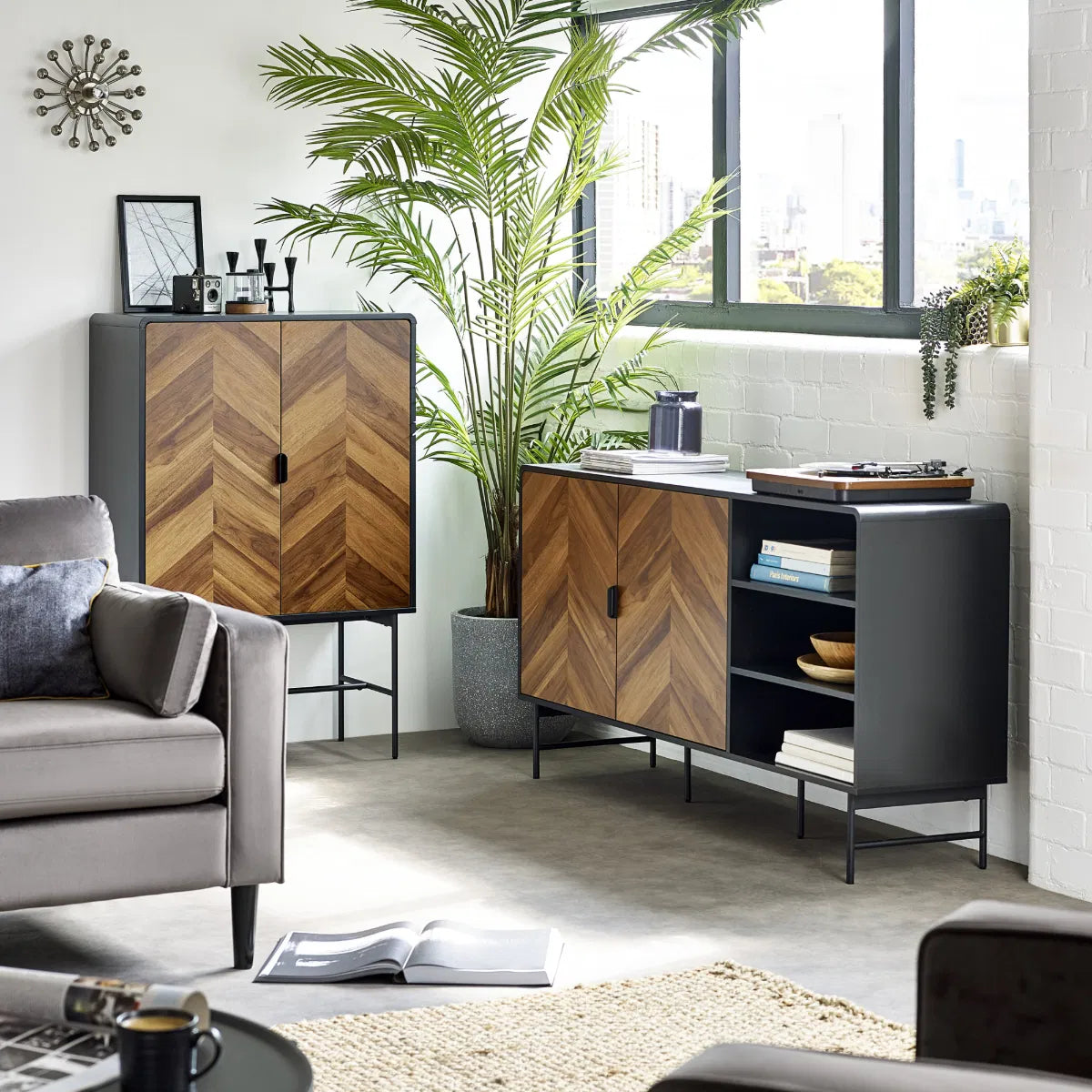 Julian Bowen Bold Chevron Wood 2 Door Sideboard With Curved Black Frame | Alvin Range | Wood Velvet