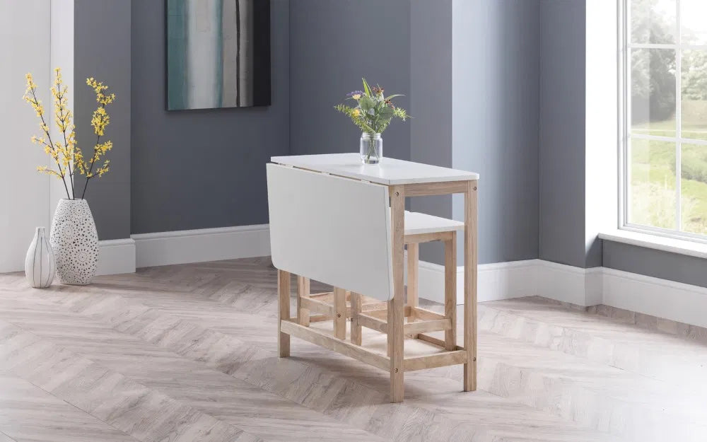 Space Saver Bar Table & Stool Set in White & Natural Wood | Bergen Range | Julian Bowen - Wood Velvet