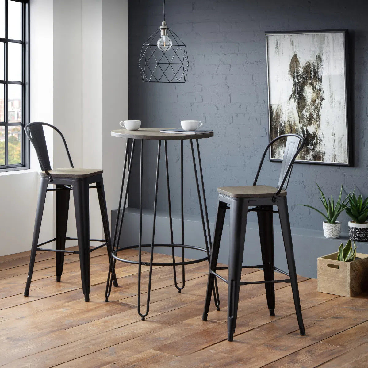Solid Elm Wood & Satin Black Powder Coated Steel Set Of 2 Bar Stools | Grafton Range | Julian Bowen - Wood Velvet