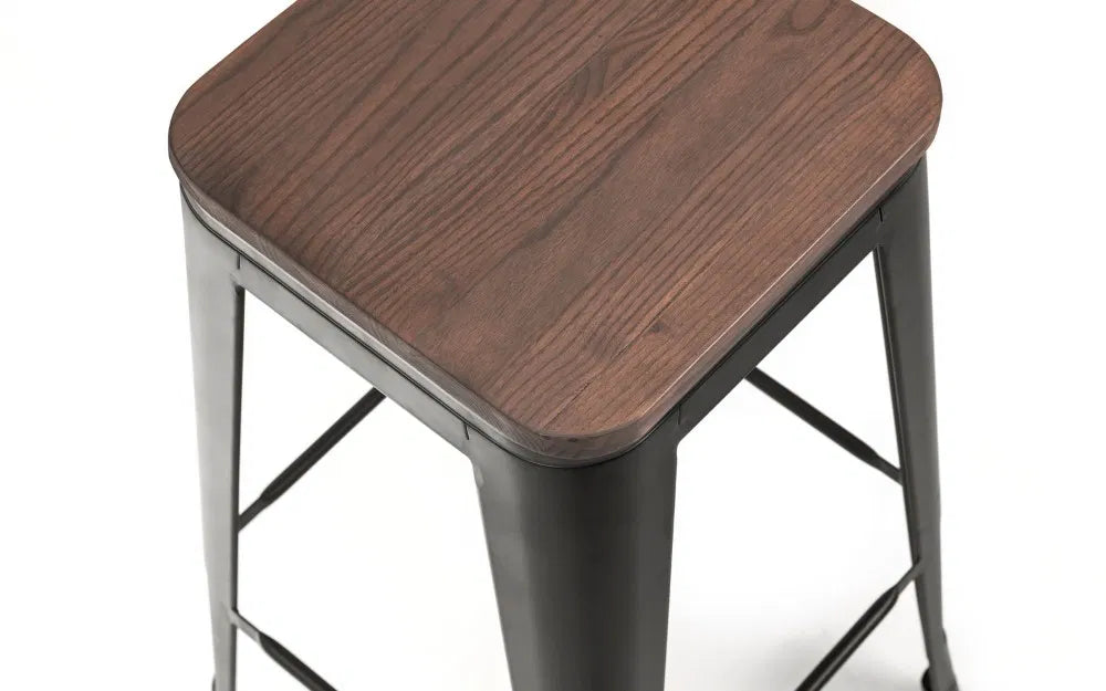 Solid Elm Wood & Satin Black Powder Coated Steel Backless Bar Stool | Grafton Range | Julian Bowen - Wood Velvet